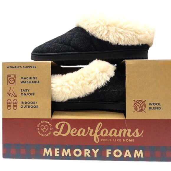 Dearfoams Indoor Outdoor Women's Memory Foam Slippers Quilted Faux Fur Slip On - Picture 1 of 8